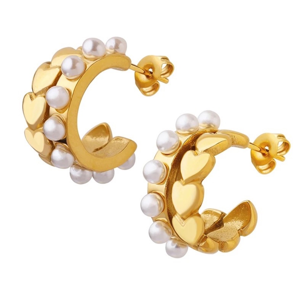 Gold-tone stainless steel w/ pearl faux earrings accented w/ hearts.